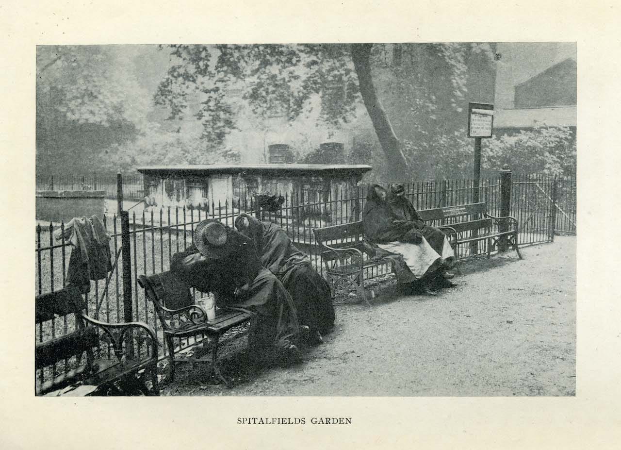 People sleeping on benches in Spitalfields London. from The People of the Abyss by Jack London 1903.jpg