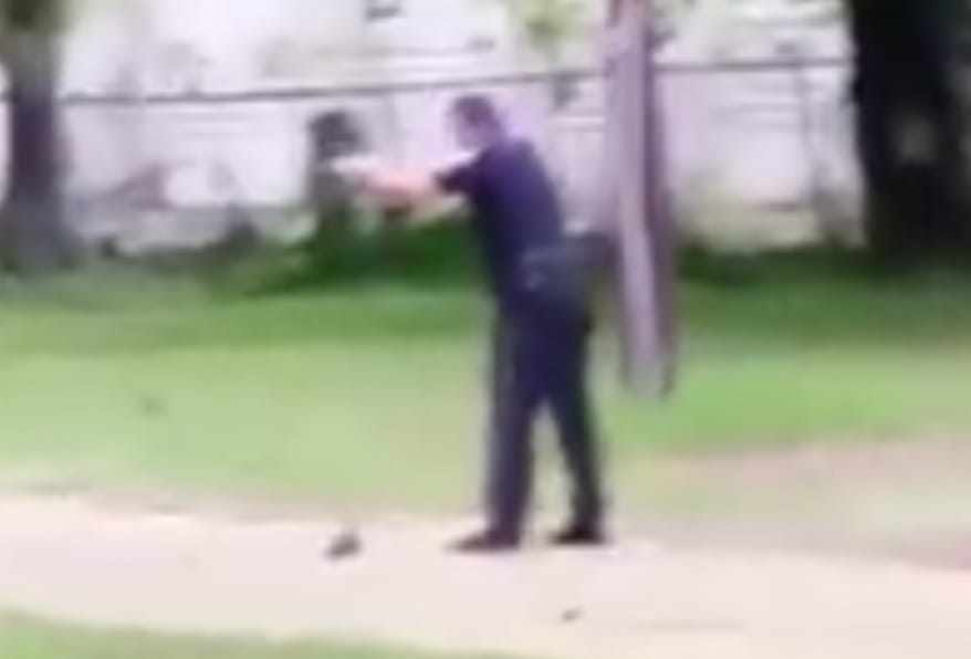 A detail of the infamous footage of Officer Michael Slager poised to shoot Walter S. Scott. (via YouTube)
