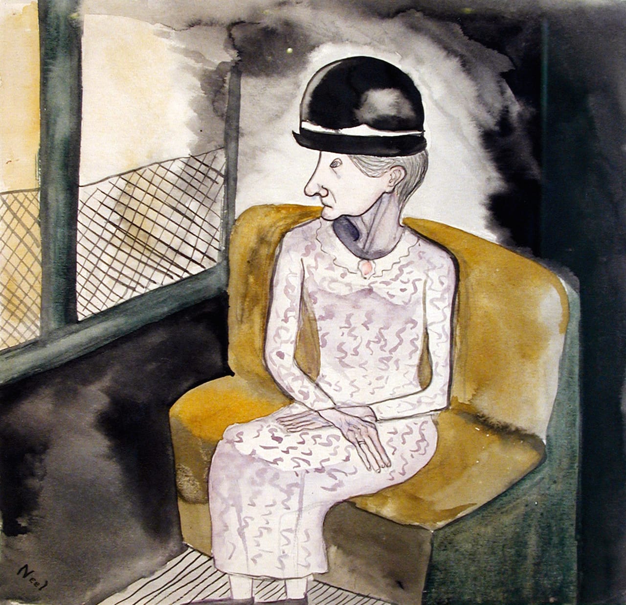 Alice Neel, "Woman on a Train" (ca. 1940), watercolor on paper, 9 3/4 x 9 3/4 inches (24.8 x 24.8 cm)