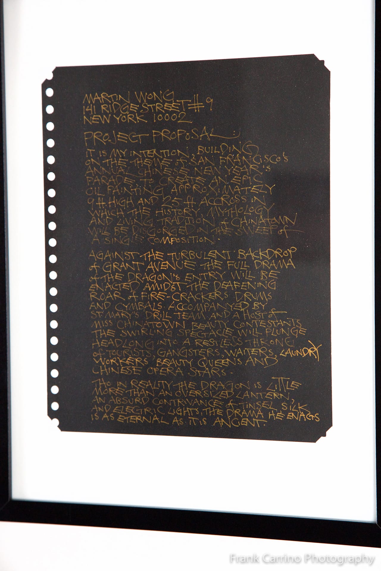 Martin Wong, "Project Proposal" (c. 1980s), gold ink on black paper (courtesy New York University Fales Library & Special Collections Martin Wong Papers 1982-1999, New York) (click to enlarge)