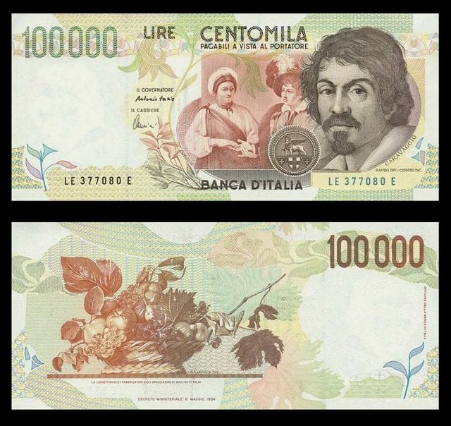 The 100,000 Lira, featuring Caravaggio, via Wikipedia
