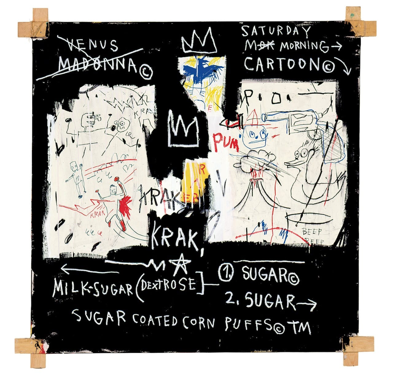 Jean-Michel Basquiat, "A Panel of Experts" (1982), acrylic and oil paintstick and paper collage on canvas with exposed wood supports and twine, 152.4 x 152.4 cm, Montreal Museum of Fine Arts Gift of Ira Young (© Estate of Jean-Michel Basquiat / SODRAC [2014],  licensed by Artestar, New York)