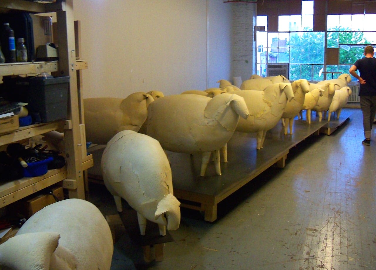 Paper sheep in the studio of artist Kyu Seok Oh at 56 Bogart Street during Bushwick Open Studios 2011 (photo by the author for Hyperallergic)