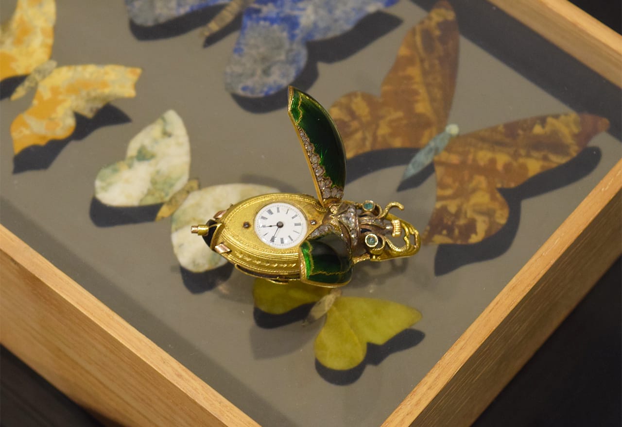 A wind-up, beetle-shaped watch in the de Vera booth at Collective Design