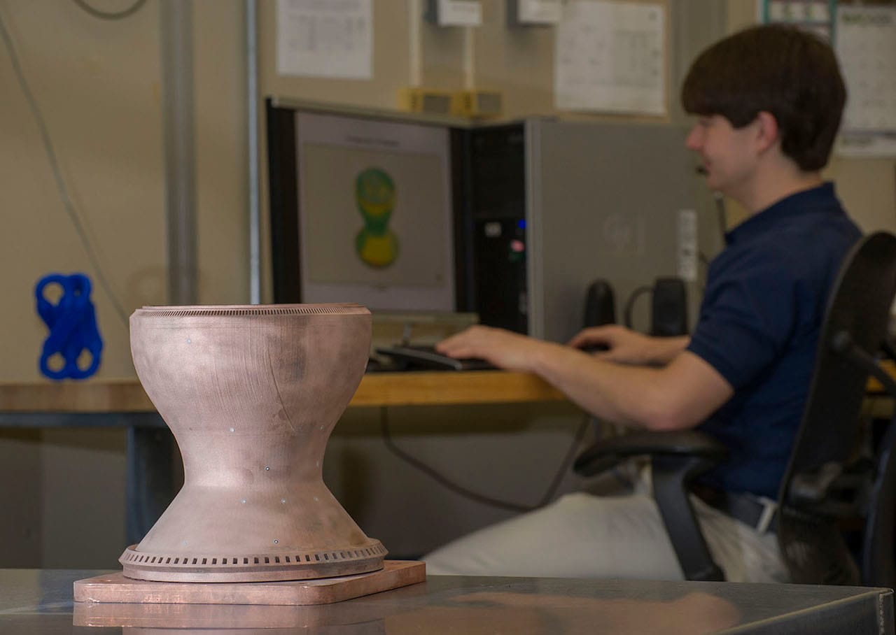 A 3D printed copper engine part created by NASA engineers (courtesy NASA/MSFC/Emmett Given)