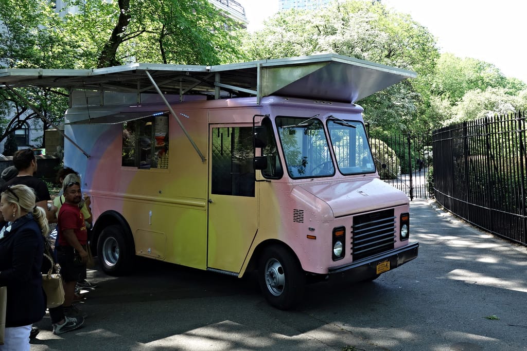 Spencer Finch, "Sunset (Central Park)," where a solar-powered ice cream truck dispenses ice cream in the colors of the Central Park sunset