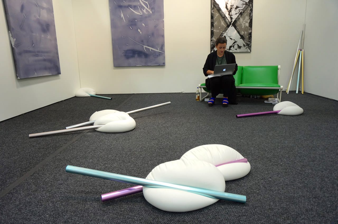 Installation view of Vera Kox's "*Reassuring Inertia | Ponderous Push*" (2014) at Duve's booth