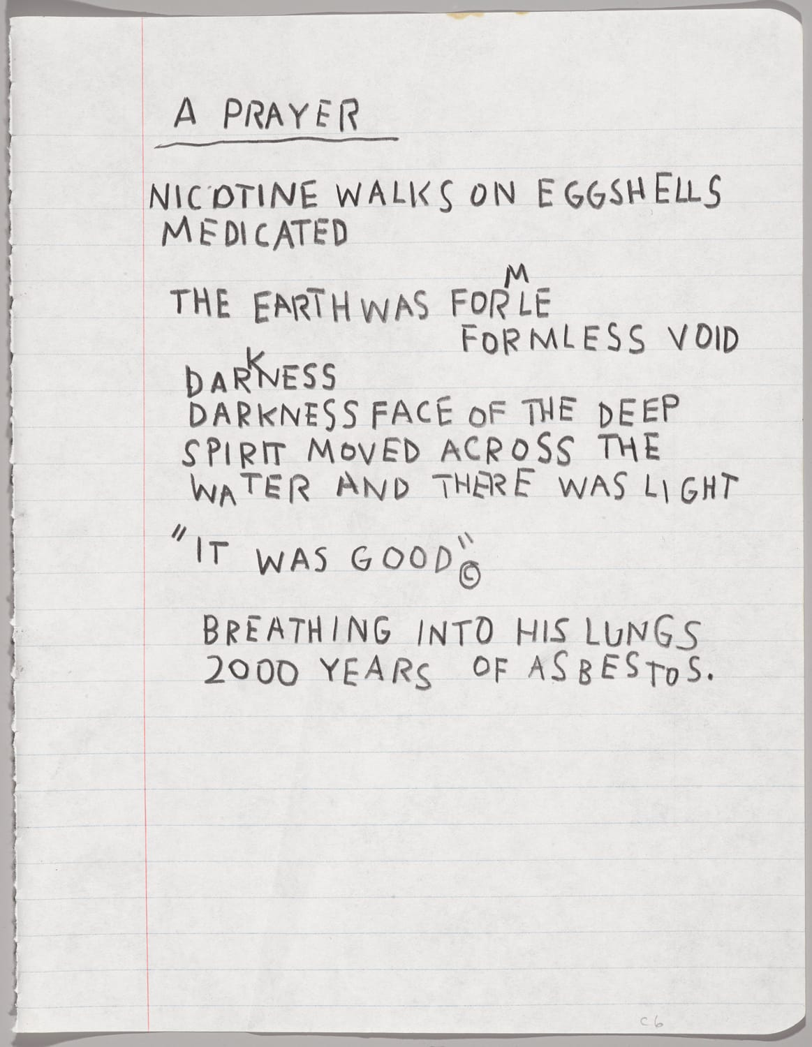 Jean-Michel Basquiat, Untitled Notebook Page (c. 1987), wax crayon on ruled notebook paper, 9 5/8 x 7 5/8 in (24.5 x 19.4 cm), collection of Larry Warsh (photo by Sarah DeSantis, Brooklyn Museum, © Estate of Jean-Michel Basquiat, all rights reserved, licensed by Artestar, New York)