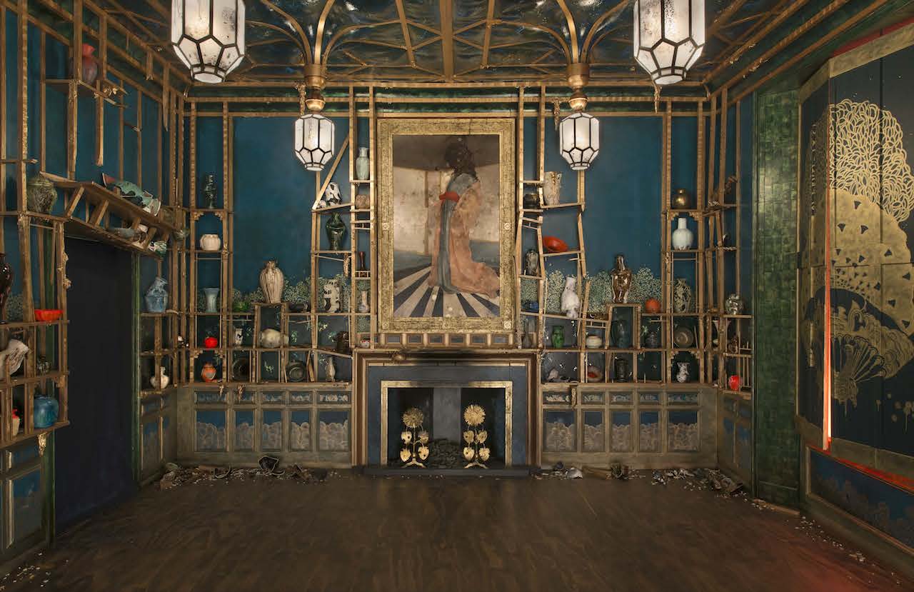 Darren Waterston, "Filthy Lucre" (2013-14), alternate reality verison of James McNeill Whistler's Peacock Room where everything is wrecked (photo by John Tsantes, Freer and Sackler Galleries of Art)
