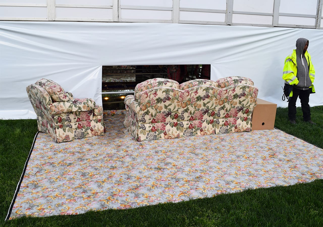 Samara Golden, "Always smile at the mask of hate for it covers a sad face" (2015), one of this year's Frieze Projects, installed underneath the Frieze New York tent.