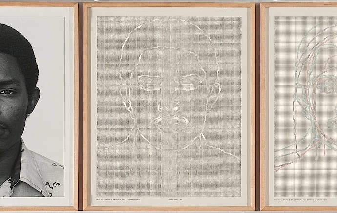 Charles Gaines, "Faces, Set #4: Stephan W. Walls" (1978), Photograph, ink on paper, three parts (via hammer.ucla.edu)