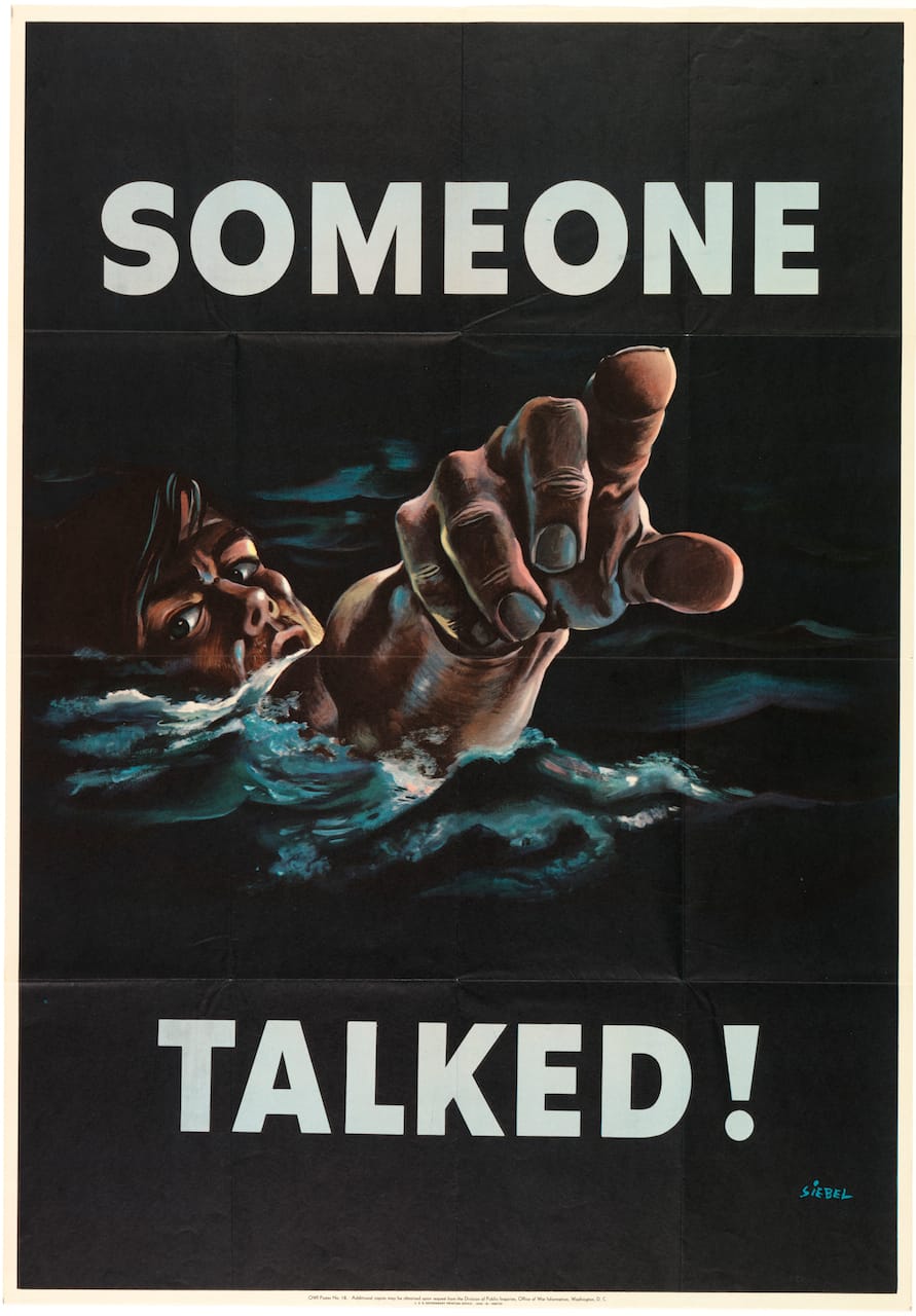Frederick Siebel, "Someone Talked" (1942), lithograph, 40 x 28 in. Photo by Matt Flynn, courtesy Cooper Hewitt, Smithsonian Design Museum)