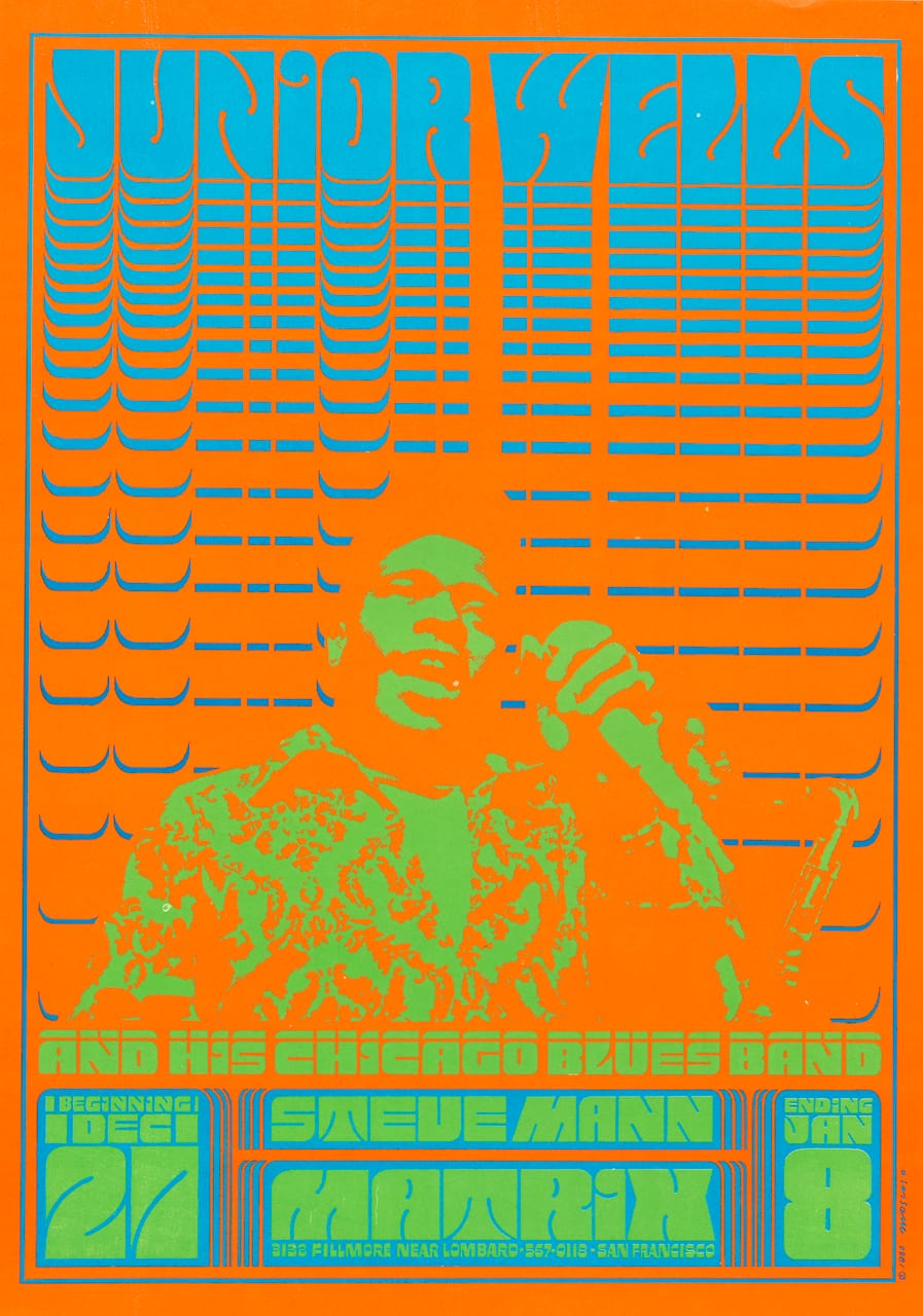 Victor Moscoso, "Junior Wells" (1966), offset lithograph, 19 13/16 x 14 3/16 in. (Photo by Matt Flynn, courtesy Cooper Hewitt, Smithsonian Design Museum)