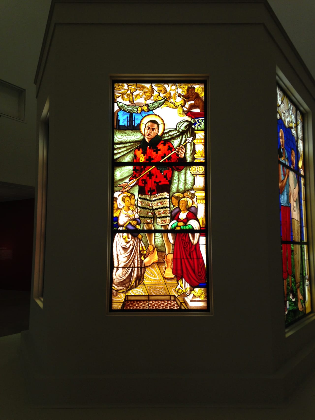Kehinde Wiley, "Saint Ursula and the Virgin Martyrs" (2014), stained glass (photo by Jillian Steinhauer/Hyperallergic) (click to enlarge)