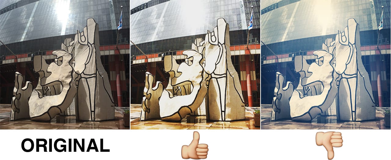 Jean Dubuffet's "Monument with Standing Beast" (1984) treated with, from left to right, no filter, the type of filter the study suggests will make it popular, and the type of filter that would make it unpopular. (photo by the author for Hyperallergic)