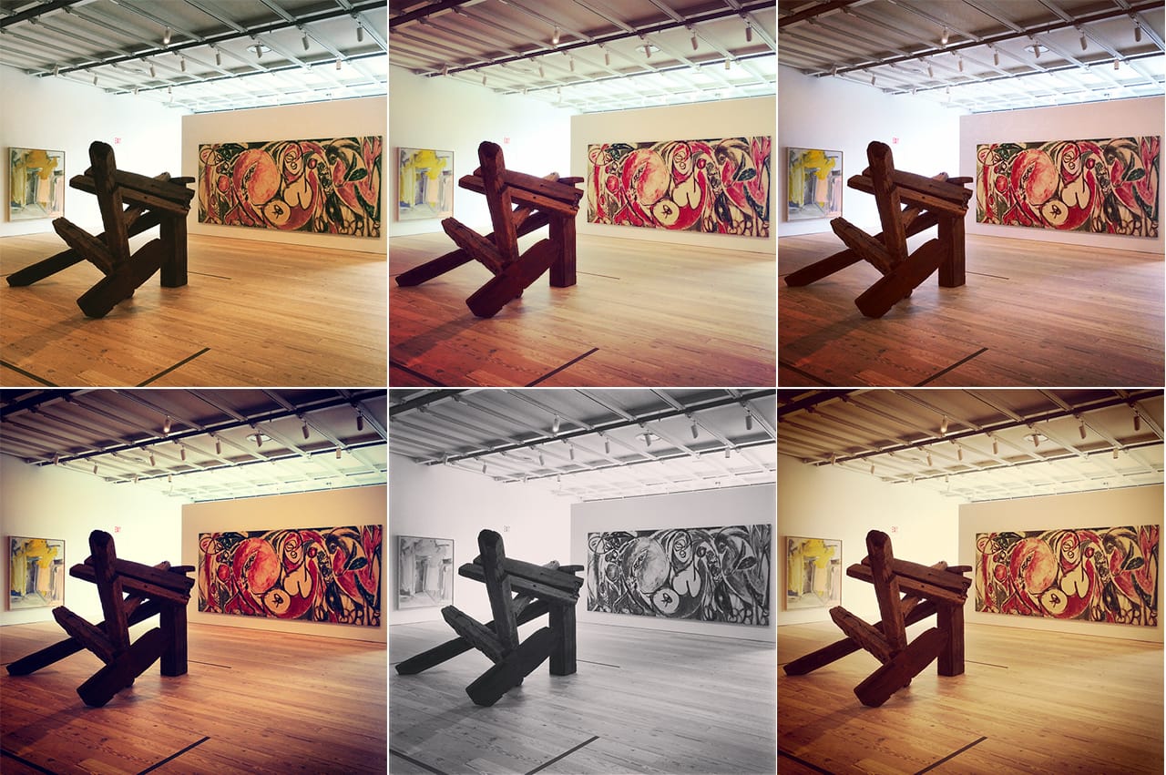 Installation view of 'America Is Hard to See' at the Whitney Museum treated with different filters. (photo by the author for Hyperallergic)