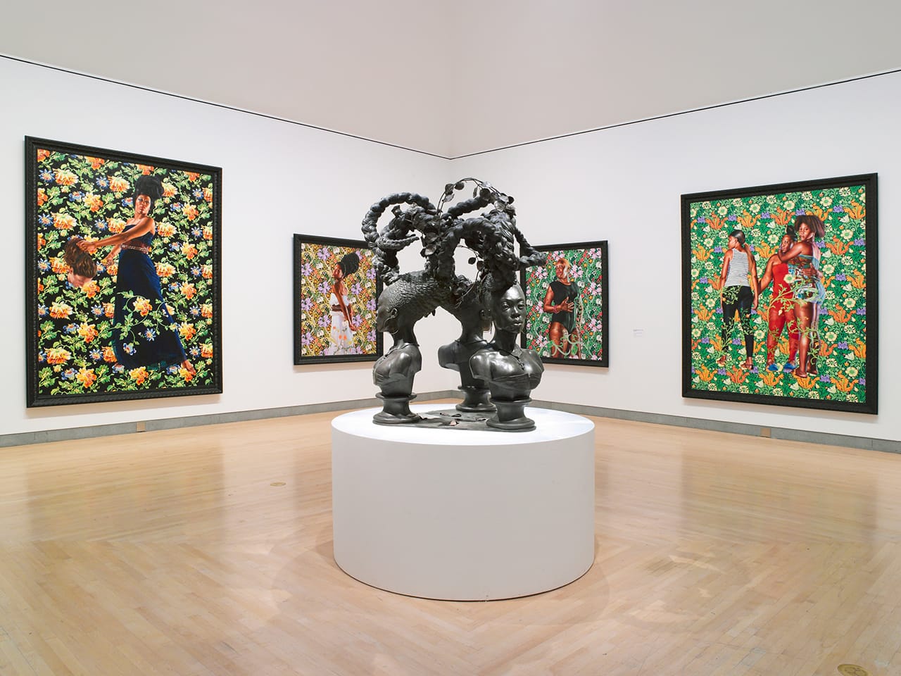 Installation view, 'Kehinde Wiley: A New Republic' at the Brooklyn Museum, with "Bound" (2014) in the center (photo by Jonathan Dorado, courtesy Brooklyn Museum)