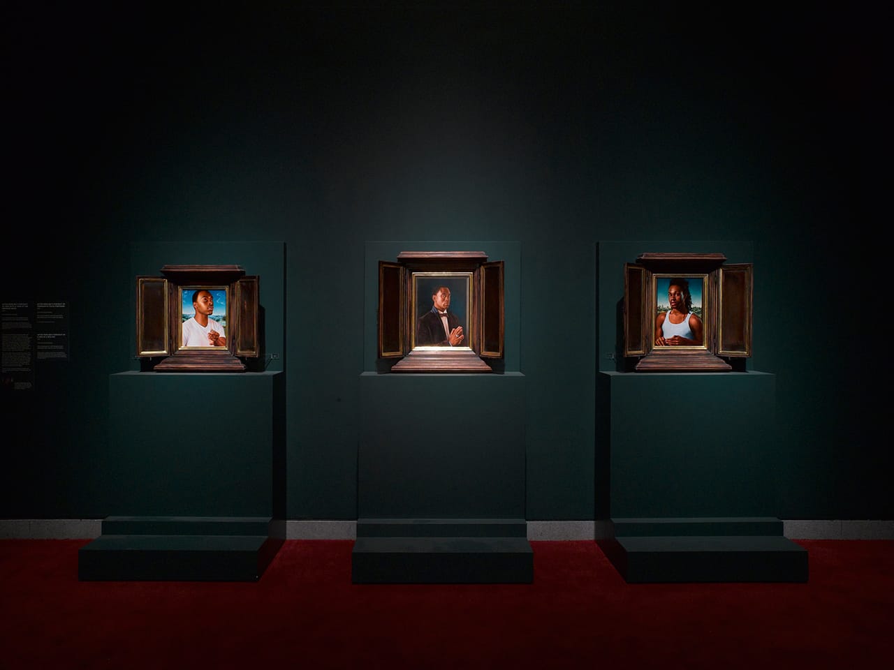 Installation view, 'Kehinde Wiley: A New Republic' at the Brooklyn Museum, showing Wiley's 'Memling' series (photo by Jonathan Dorado, courtesy Brooklyn Museum)