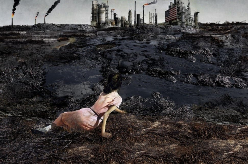 KennardPhillipps’ new version of Andrew Wyeth's "Christina’s World" shows a young woman in a landscape dominated by an oil refinery. (image by Kennardphillipps/Greenpeace, via Guardian)