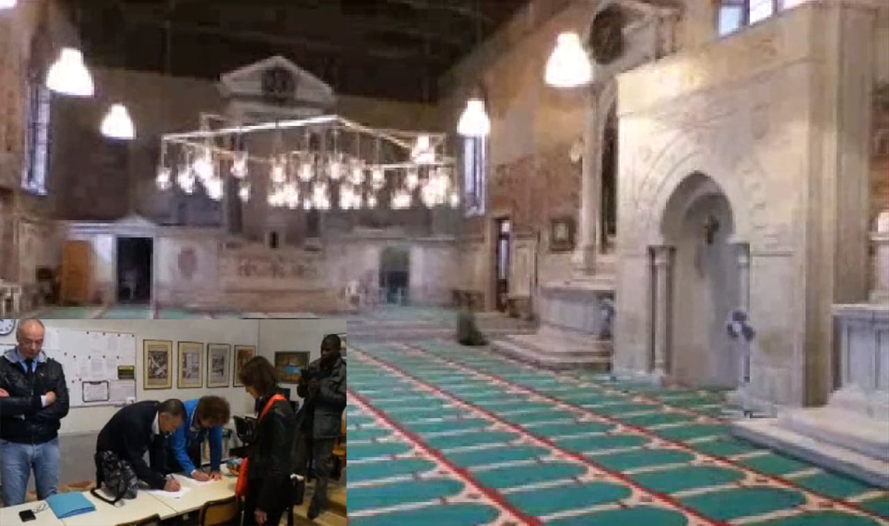 Venetian authorities closing the "Mosque" pavilion, and a view of the "Mosque" interior. (all screenshots via ilgazzettino.it)