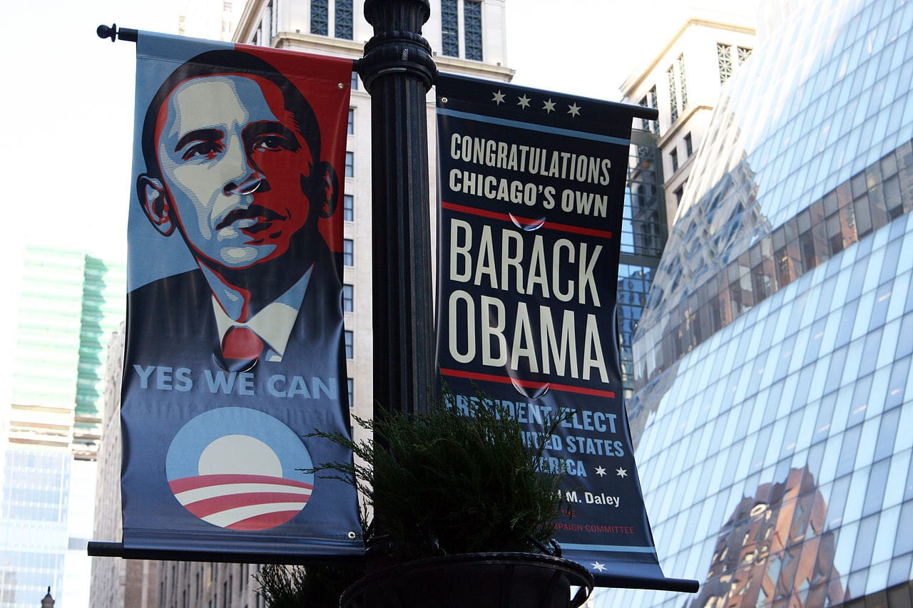 Shepard Fairey's Obama portrait on a banner in Chicago in 20108 (photo by Quinn Dombrowski, via Wikimedia Commons)