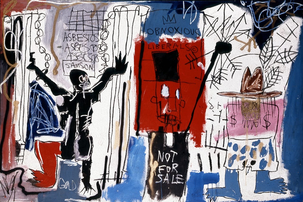 Jean-Michel Basquiat, "Obnoxious Liberals" (1982), acrylic, oilstick, and spray paint on canvas ,172.72 x 259.08 cm, Eli and Edythe L. Broad Collection (© Estate of Jean-Michel Basquiat [2014], licensed by Artestar, New York) (click to enlarge)