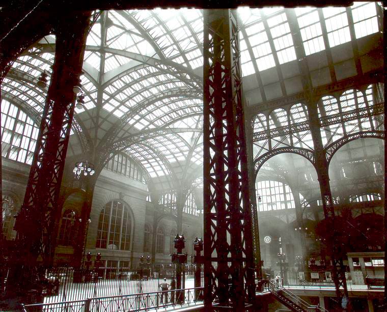 The interior of Pennsylvania Station, demolished in TK (1935-38) (photograph by Berenice Abbott, via NYPL)