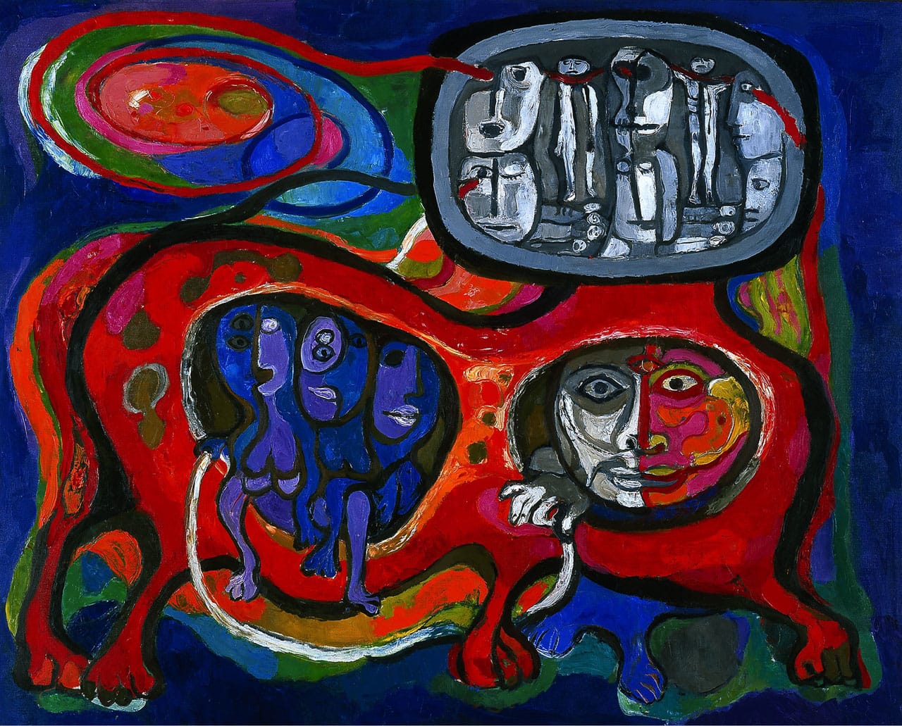 Raquel Forner, "Astronauta y testigos, televisados (Astronaut and witnesses, televised)" (1971), oil on canvas (courtesy Blanton Museum of Art, the University of Texas at Austin)