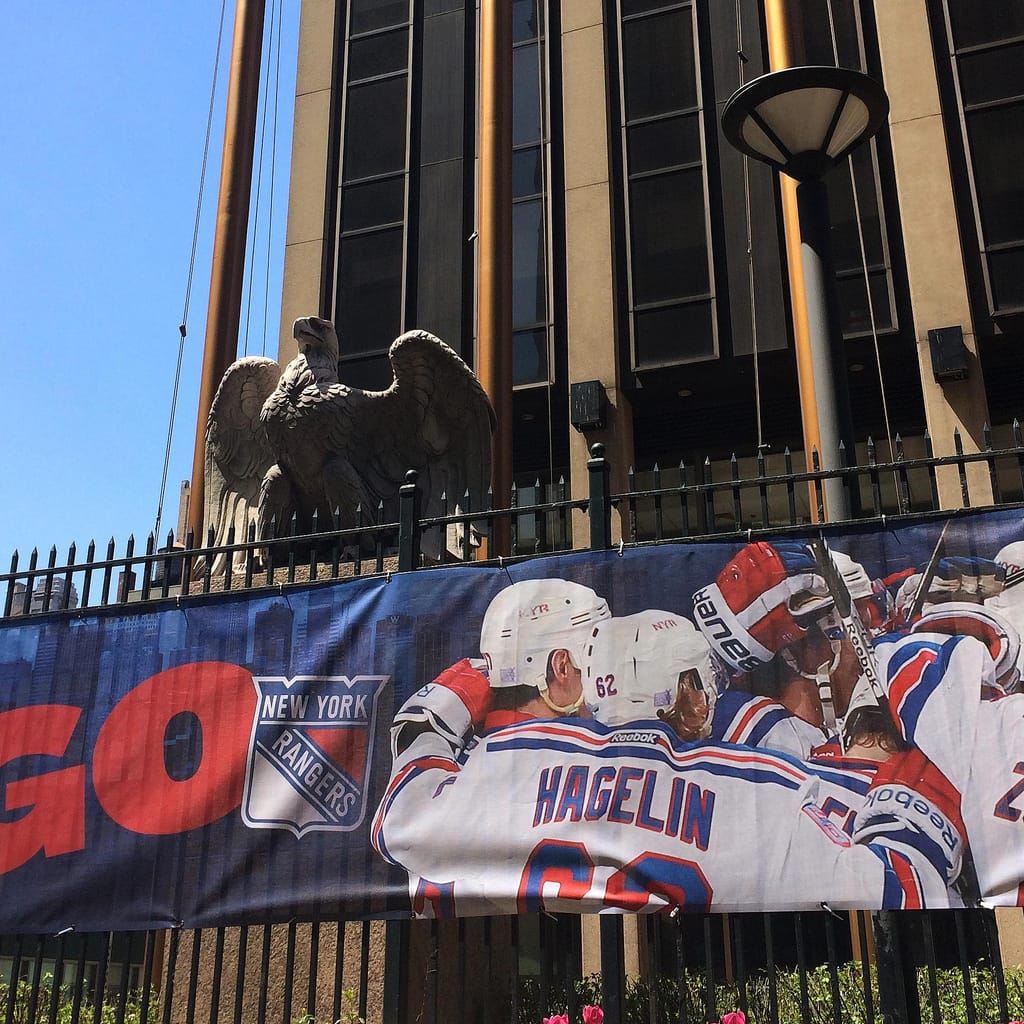 An original Penn Station eagle outside the new Penn Station (photo by the author for Hyperallergic)