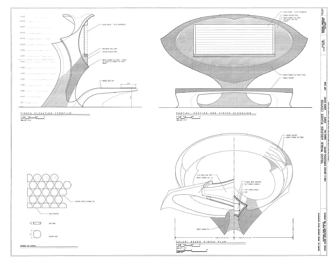 Reception Desk and Solari Board Sections and Elevations of the TWA Flight Center (created by Beyer Blinder Belle Architects, via Library of Congress)