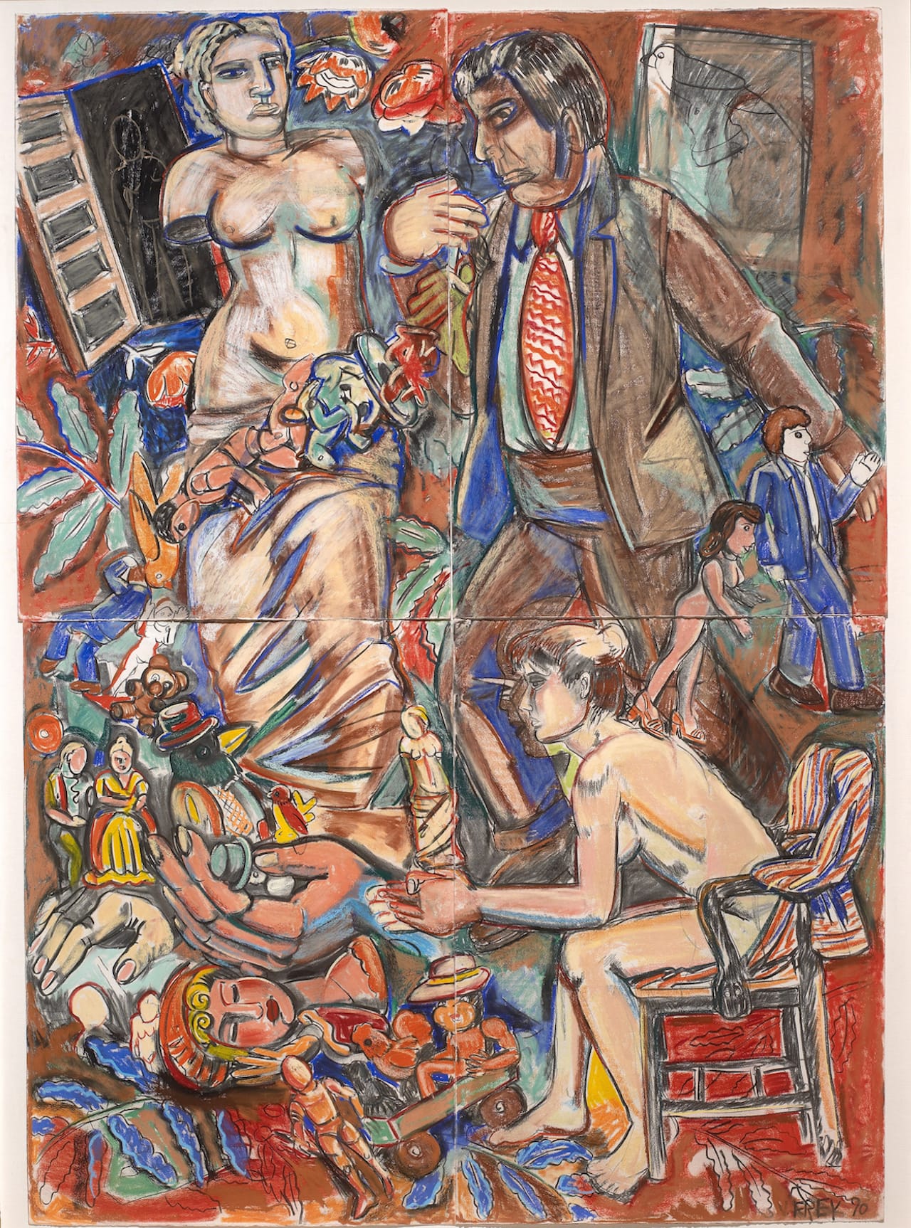 Viola Frey, "Untitled Polyptych (Greek Hag, Brown Suited Man)" (1990), pastel on paper, 83 x 59 inches (click to enlarge)