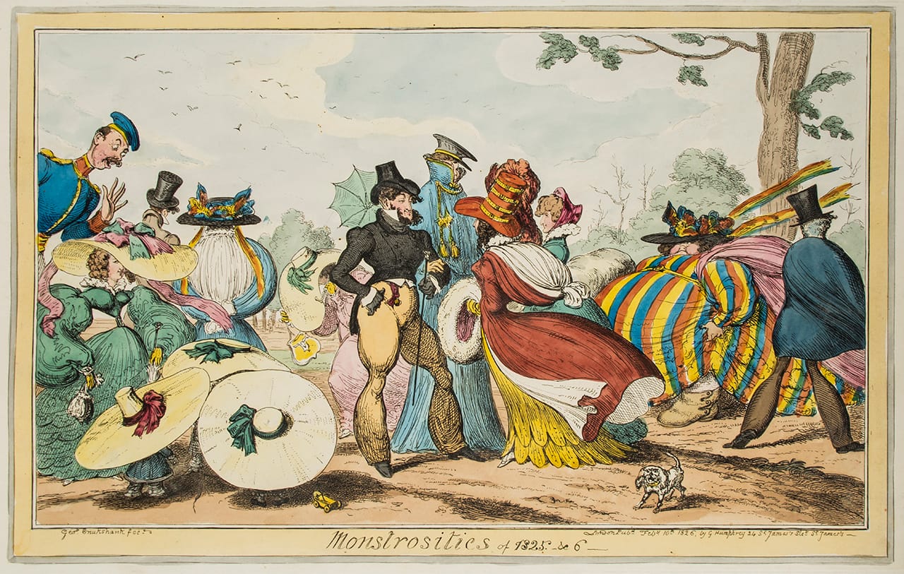 George Cruikshank, 'Monstrosities of Fashion' (1816–26), 1 from set of 8 hand-colored etchings (click to enlarge)