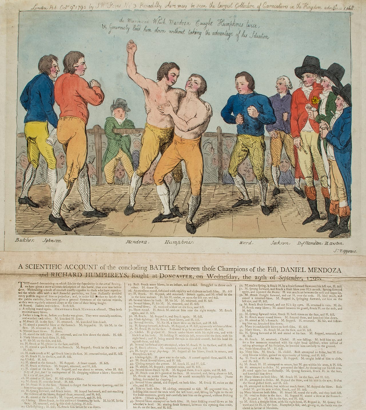 James Gillray, "the Manner in which Mendoza Caught Humphries twice, & Generously laid him down without taking the advantage of his Situation" (1790), famous Jewish boxer Daniel Mendoza stops his opponent Richard Humphreys from falling, hand-colored etching attached to letterpress account “A Scientific Account of the concluding Battle…,” etching 260 x 375 mm, sheet 430 x 390 mm