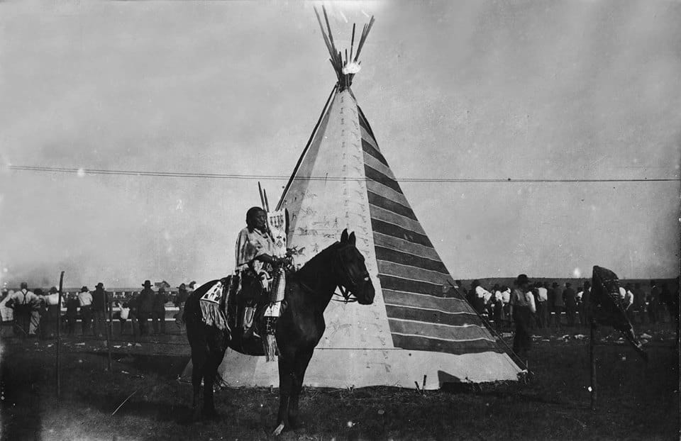 The Tipi with Battle Pictures in a scene from the 1920 silent film 'Daughter of Dawn' (Mary Buffalo Collection, Oklahoma Historical Society Research Division)