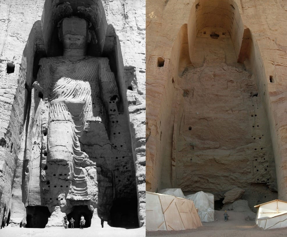 The taller Buddha of Bamiyan before and after the 2001 destruction (photos by UNESCO/A Lezine, via Wikimedia)