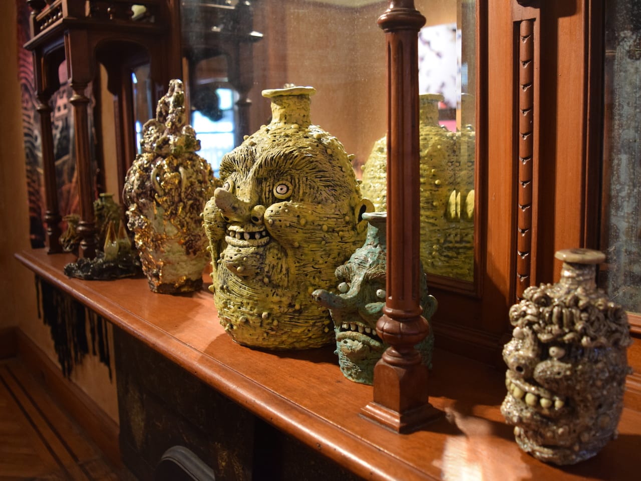 Works by Rebecca Morgan and Heidi Lau on view in 'Neo-Craftivism' at Parlour Bushwick (photo by the author for Hyperallergic)