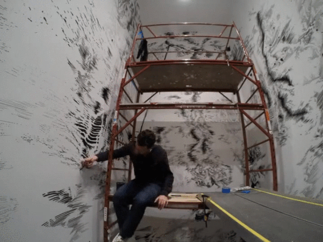 Timelapse of the installation of "Representation of Dark Matter" by Abdelkader Benchamma at the Drawing Center (GIF by the author, images courtesy Drawing Center)