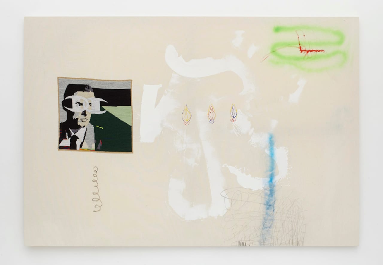 Verena Dengler, "Young male painter channelling Falco gazing at Keith Farquhar's Neon Vaginas through Chanel-style Champion Logos." (2015), Oil, acrylic, graphite and hand-stitched embroidery on canvas, 51 3/16 x 74 13/16 inches (130 x 190 cm)
