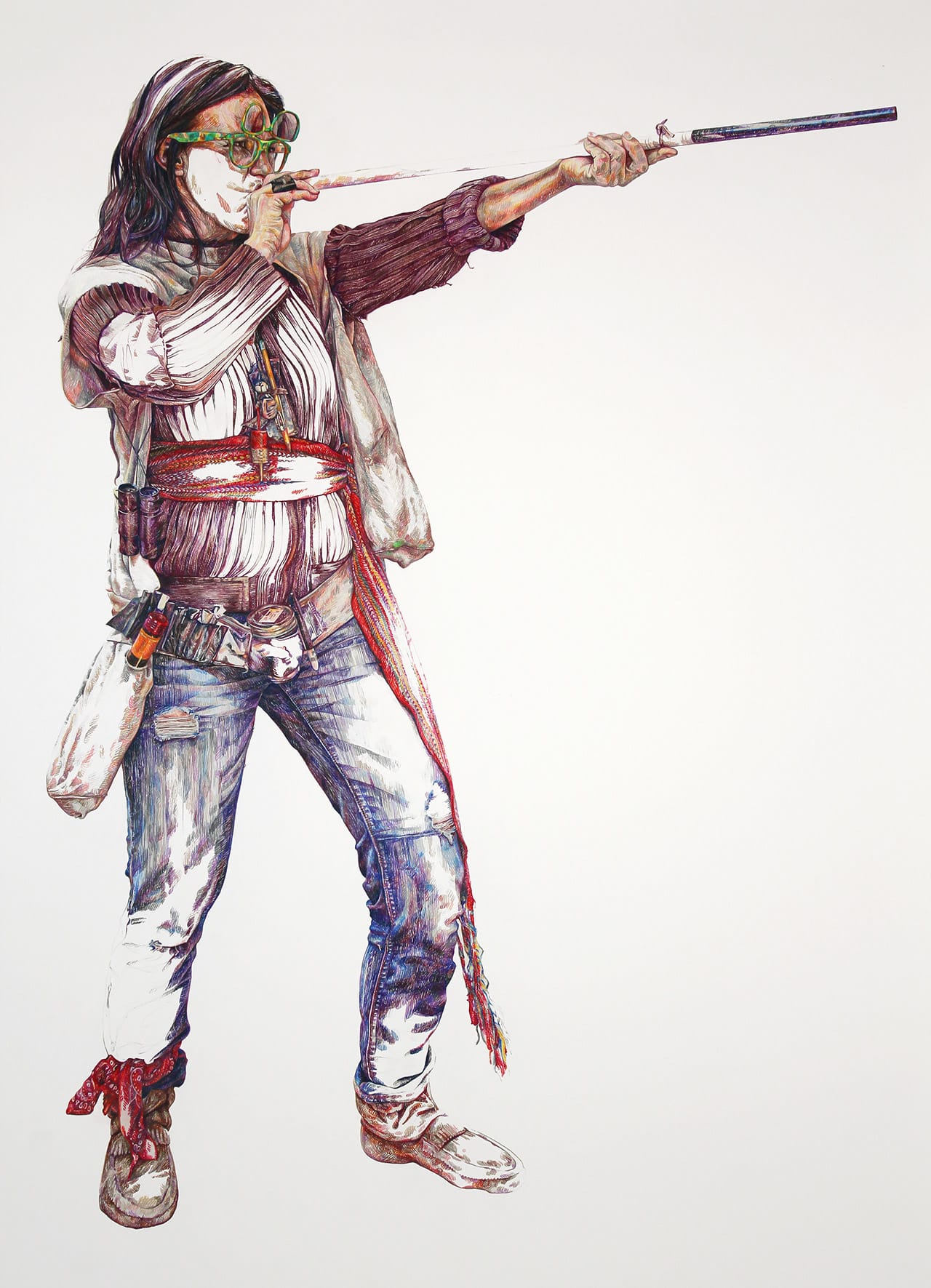 Maya Suess, "Extra 1 (Blowdart)" (2014), colored pencil, graphite on paper, 84" x 60" (click to enlarge)