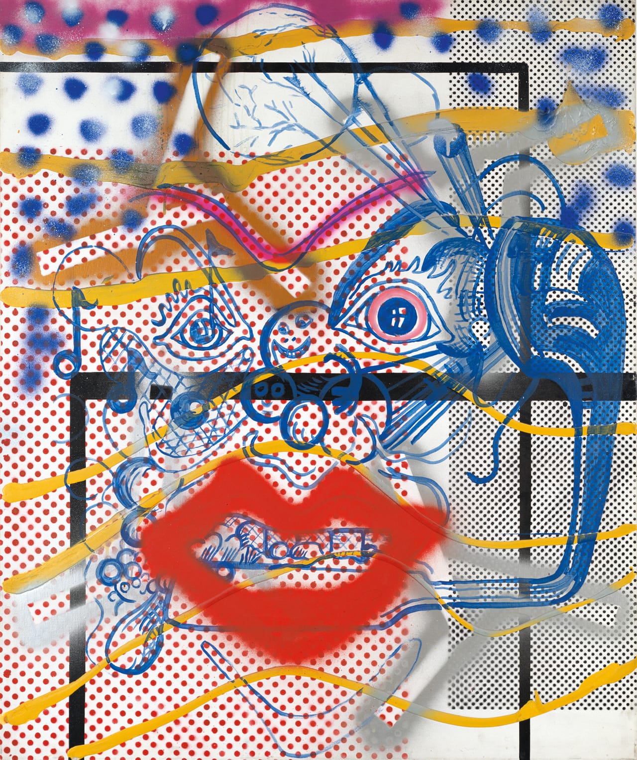 “Dr. Berlin” (1969–74) Dispersion paint, gouache, and spray paint on canvas 150 x 120 cm Private Collection Photo: © Wolfgang Morell © The Estate of Sigmar Polke / VG Bild-Kunst Bonn, 2015 