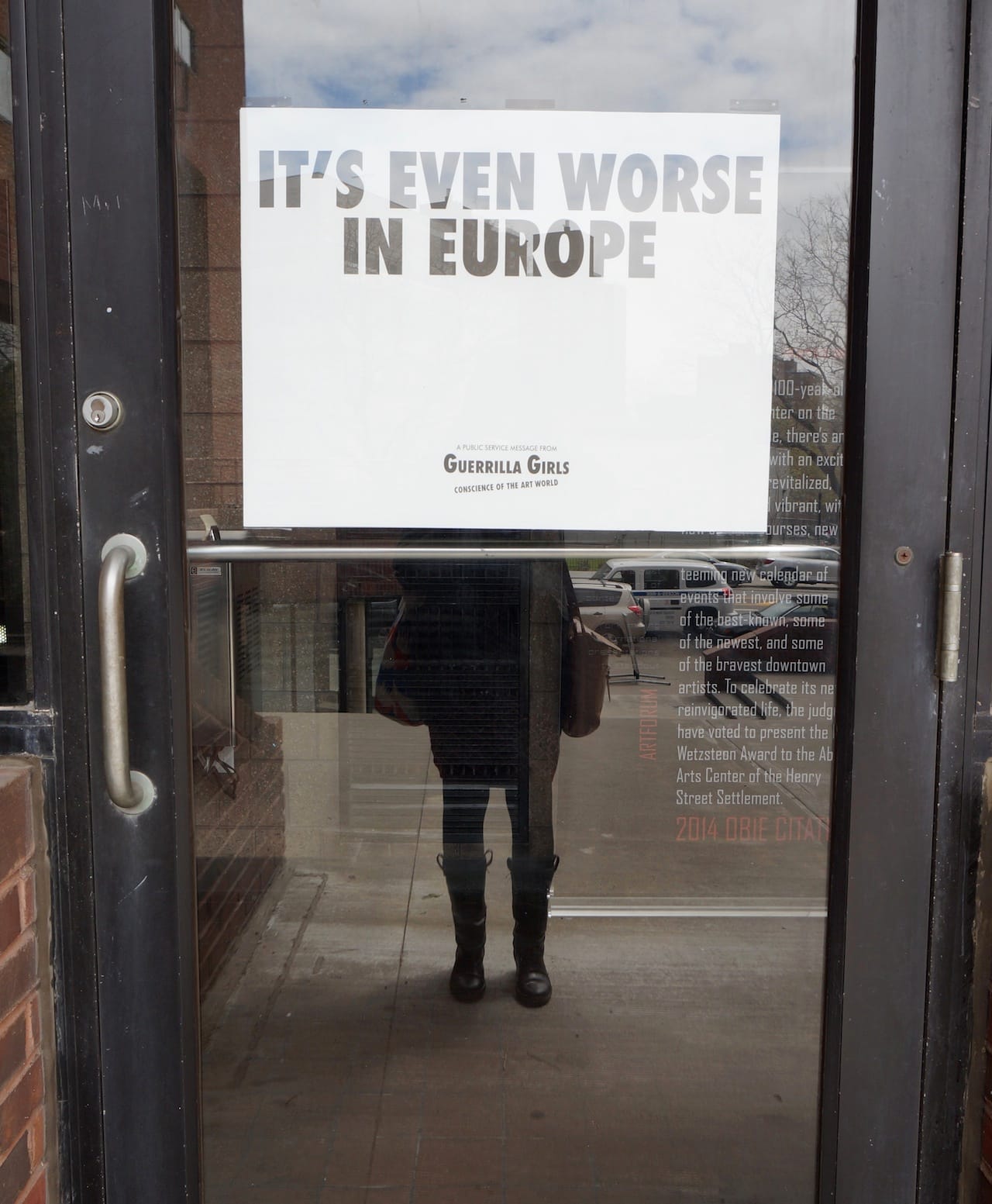 A Guerrilla Girls poster at Abrons Arts Center in April, claiming that sexism is worse in the European art world (photo by the author for Hyperallergic)