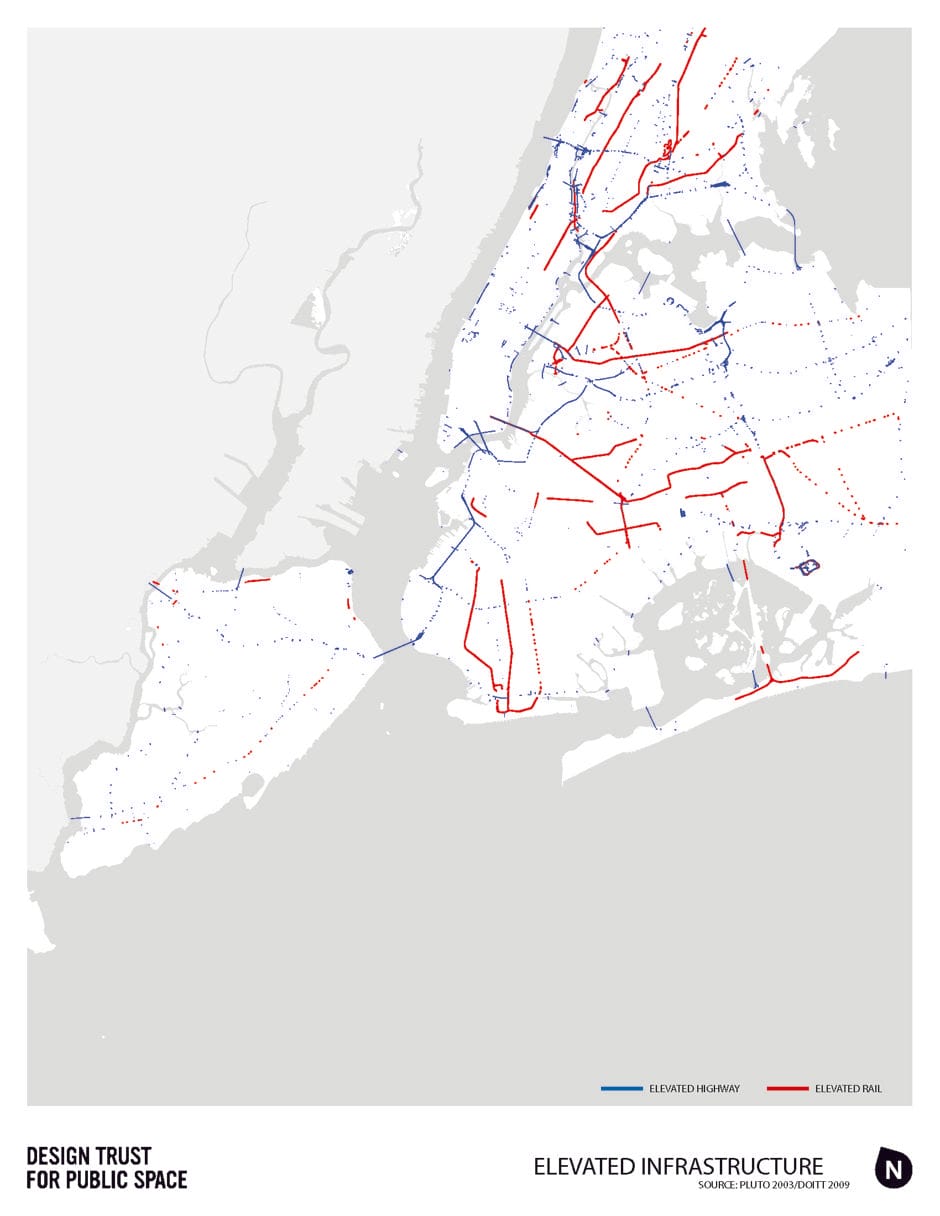 Map of the 700 miles of elevated highway & rail (courtesy Design Trust for Public Space)