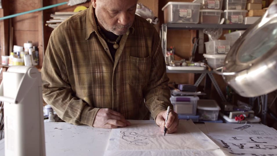 Still from 'Emory Douglas: The Art of The Black Panthers' (all screenshots by the author for Hyperallergic)