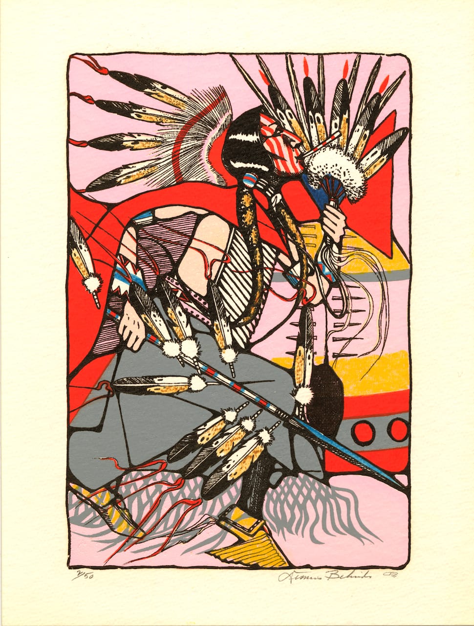 Dennis Belindo (U.S., Kiowa/Navajo; 1938-2009), "Kiowa Blackleggins" (1990), serigraph,&nbsp;14 3/4 x 11 in. (courtesy Fred Jones Jr. Museum of Art, The University of Oklahoma, Norman; & the artist's estate) 