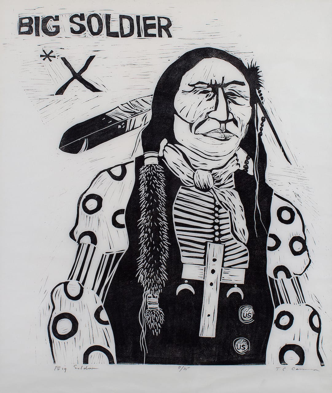 Tommy Wayne "T.C." Cannon (U.S., Kiowa/Caddo; 1946-1978), "Big Soldier" (1973), linocut,&nbsp;39 1/2 x 34 1/2 in.&nbsp; (courtesy Fred Jones Jr. Museum of Art, The University of Oklahoma, Norman; © Joyce Cannon Yi)
