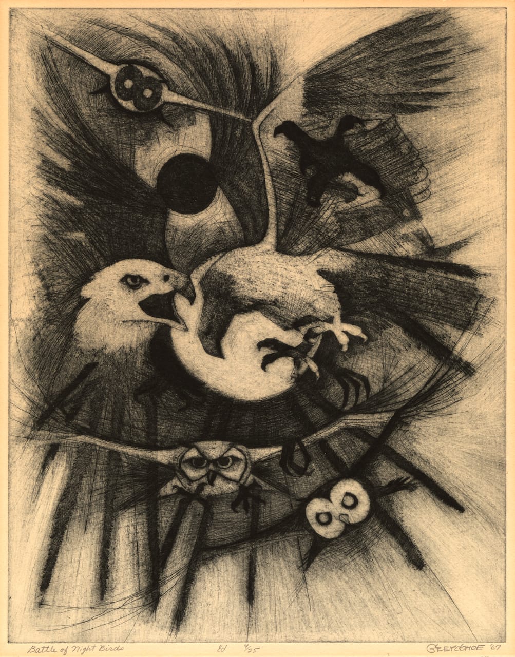 Grey Cohoe (U.S., Navajo; 1944-1991), "Battle of the Night Birds" (1967), etching,&nbsp;22 3/4 x 19 3/4 in. (courtesy Fred Jones Jr. Museum of Art, The University of Oklahoma, Norman; The James T. Bialac Native American Art Collection)