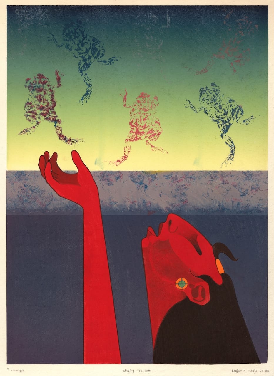 Benjamin Harjo, Jr., (U.S., Seminole/Shawnee; b. 1945), "Singing for the Rain" (1993), monotype,&nbsp;23 x 17 in.&nbsp;(courtesy Fred Jones Jr. Museum of Art, The University of Oklahoma, Norman; & the artist)