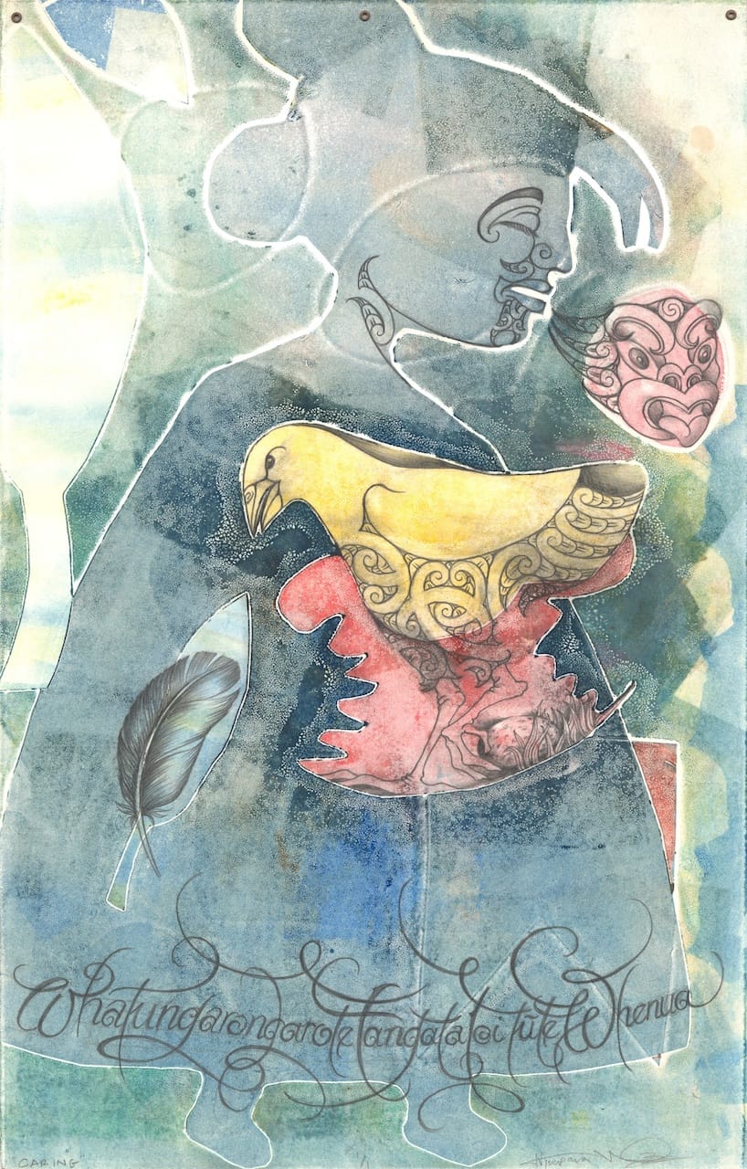 Melanie Yazzie (U.S., Navajo; b. 1966) & Nick Tupara (New Zealand, Maori; b. 1962), "Caring" (2011), mixed-media monotype, 22 1/2 x 13 1/4 in. (Loan courtesy of Melanie Yazzie, use courtesy of artists)