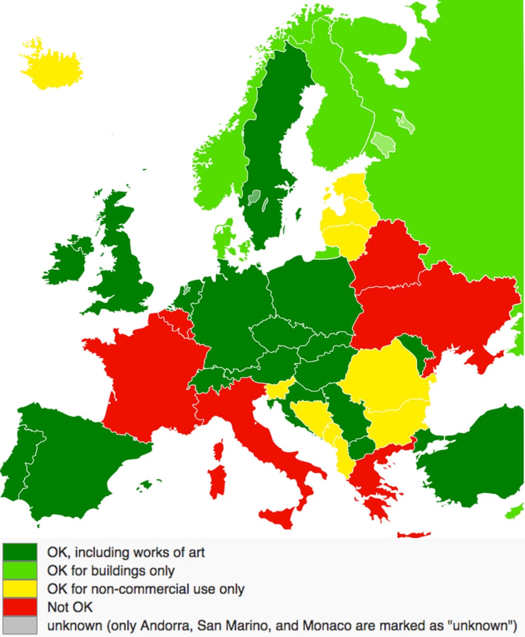 A map showing the level of Freedom of Panorama (as seen from a general audience standpoint) in the countries of Europe (King of Hearts/Quibik, via Wikimedia)