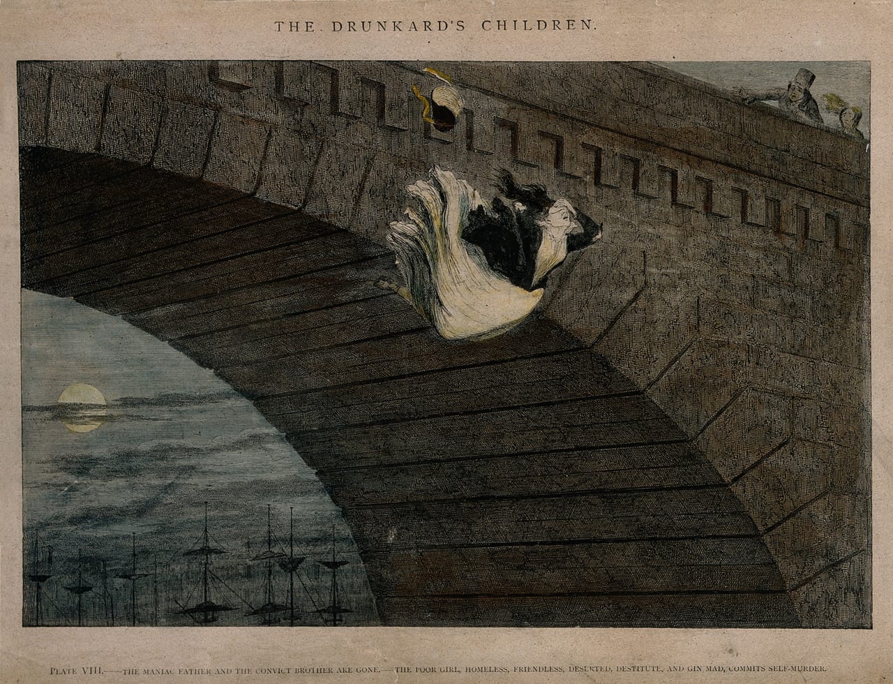 George Cruikshank, A destitute girl throws herself from a bridge, her life ruined by alcoholism" (1848) (© Wellcome Library, London)